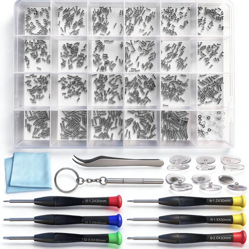 PFDHQS Eyeglass Repair Kit - 24 Types of Eyeglass Screw Size Glasses Repair Kit with Screws, Eyeglass Nose Pads, Eyeglass Screwdriver and Tweezer (24 Types Screws) - Image 1